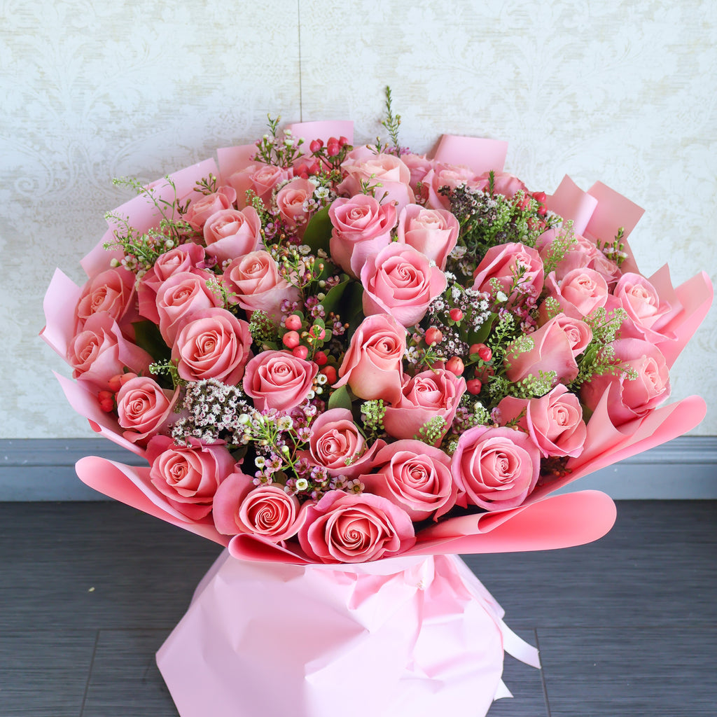50 Pink Roses with Filler – Mariams Flowers