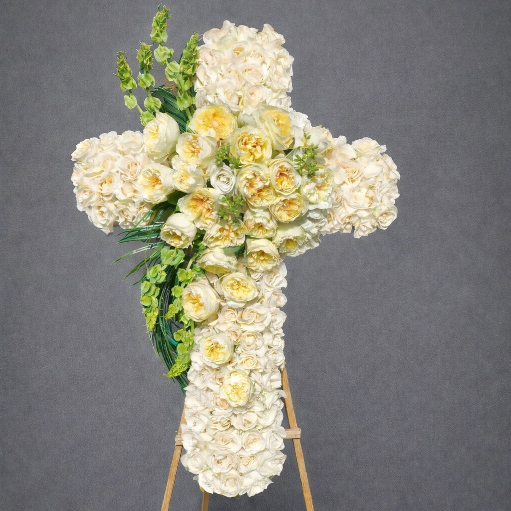 Large Cross with Garden Roses – Mariams Flowers