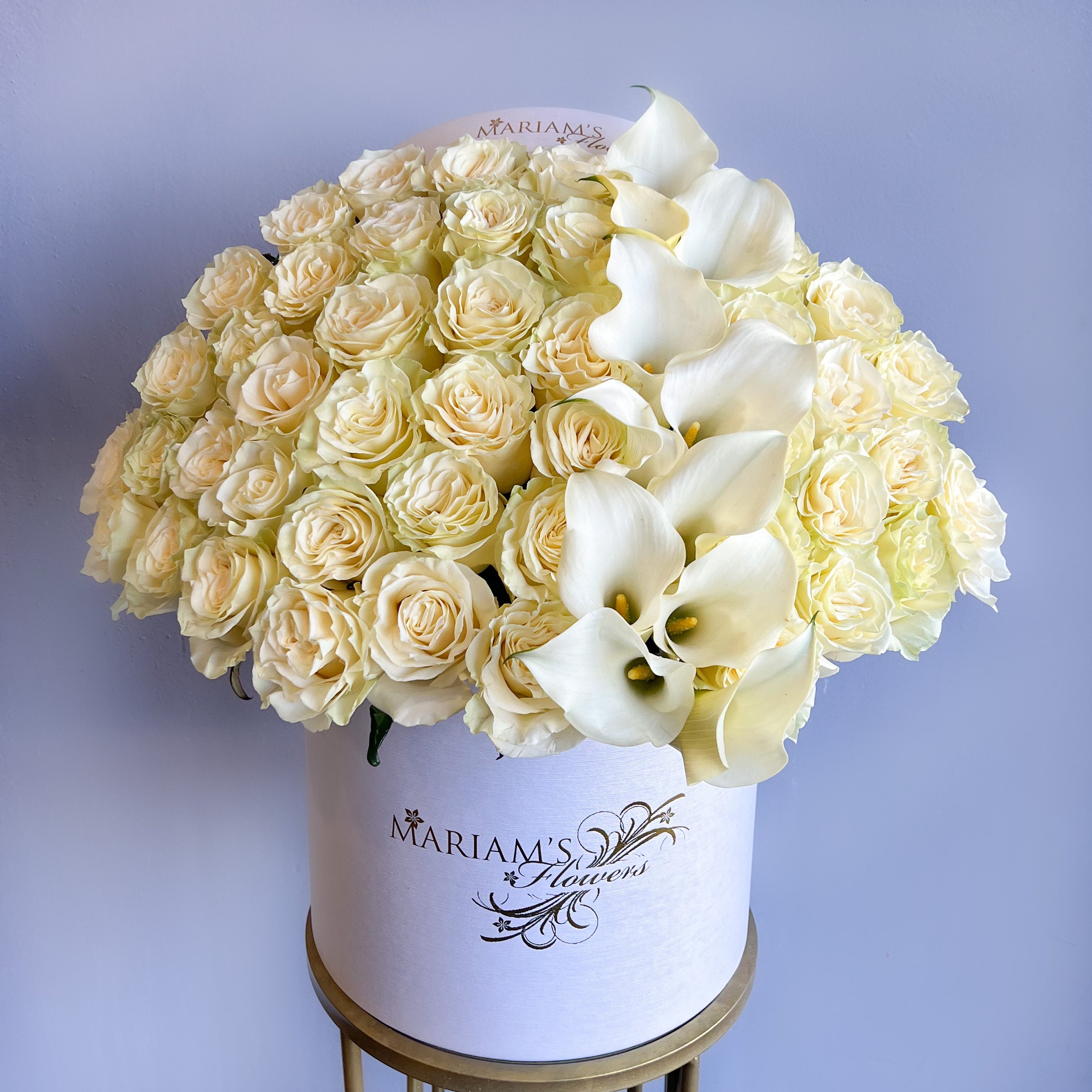 white roses with lilies White Rose Classic with Calla Lilies